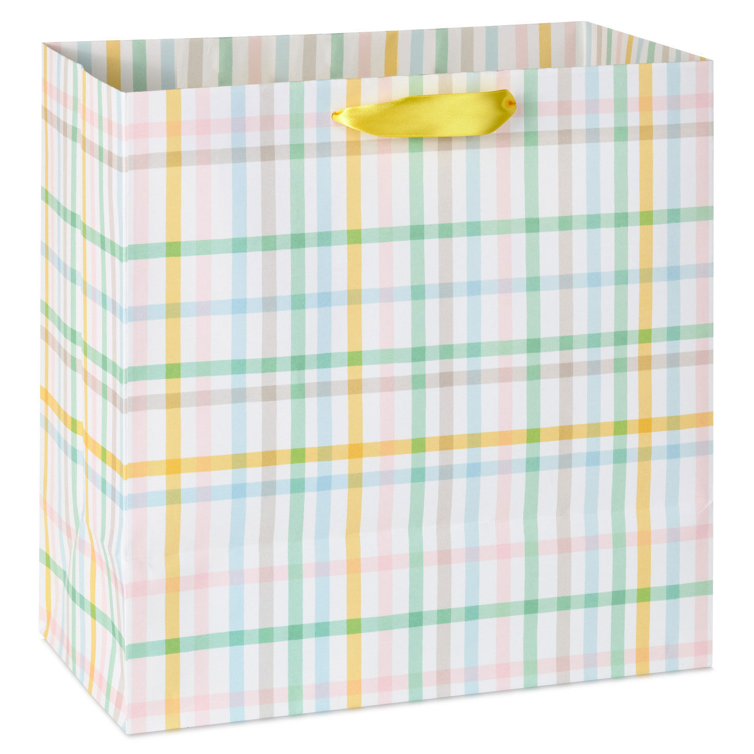 Pink, Blue, Yellow, Green and Brown Plaid Gift Bag Back image number 6
