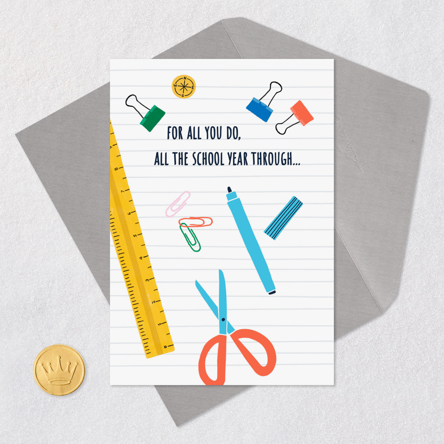 Colorful School Supplies Thank You Card for Support Staff Card Front with Envelope and Gold Seal image number 6