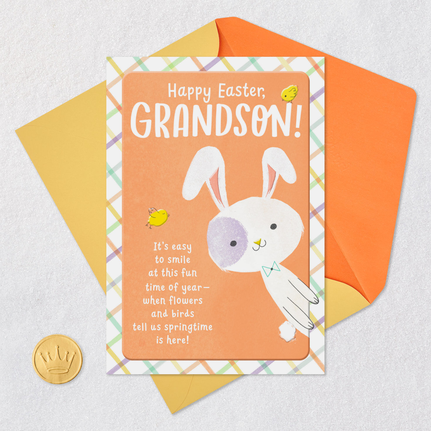 Bunny and Chicks on Orange Easter Card for Grandson Card Front with Envelope and Gold Seal image number 6