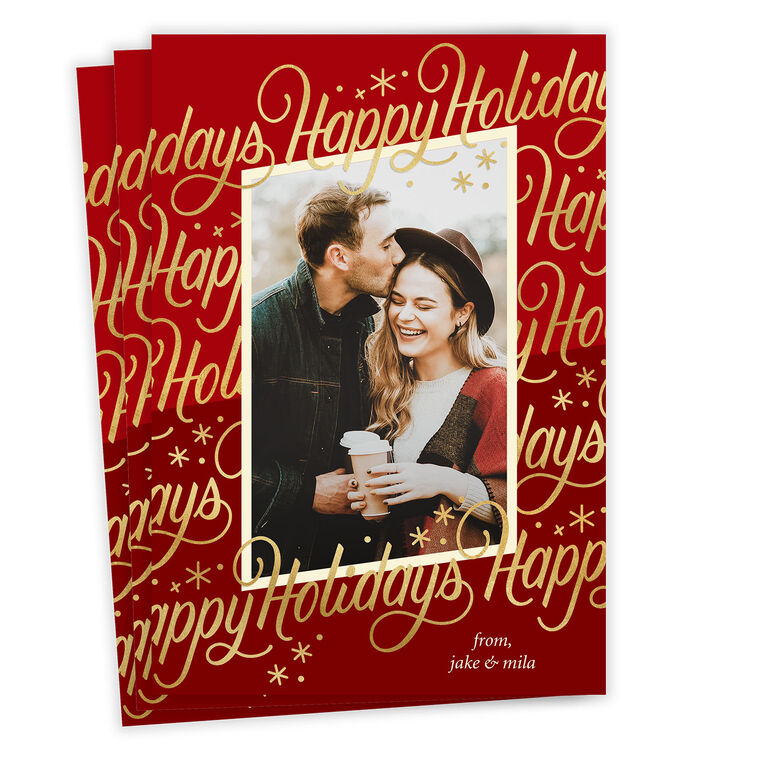 Elegant Gold Script on Red Flat Holiday Photo Card