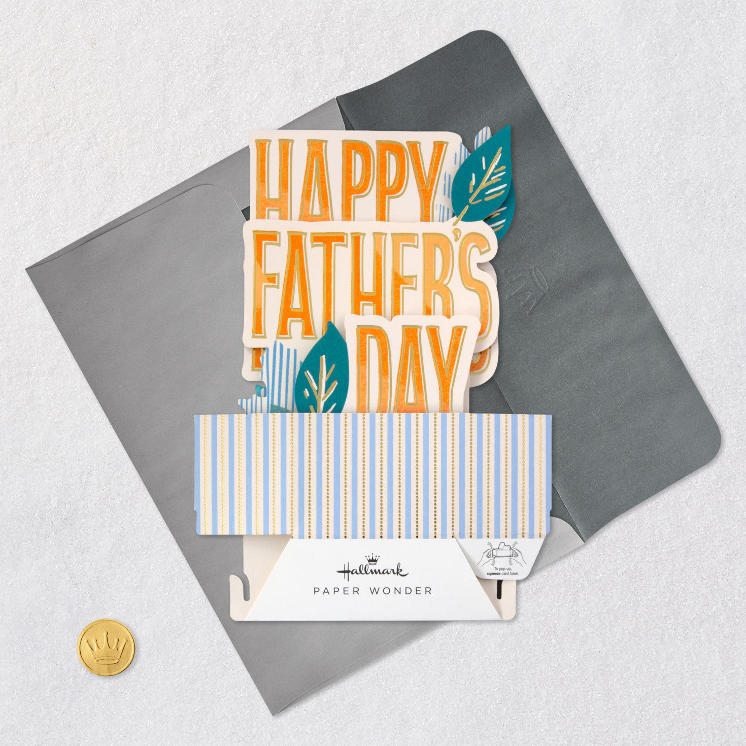 Blue Stripes with Leaves Pop-up Father's Day Card Card Front with Envelope and Gold Seal image number 5