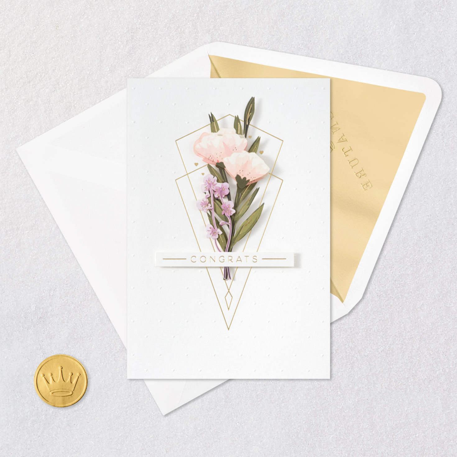 Art Deco Bouquet Wedding Card Card Front with Envelope and Gold Seal image number 6