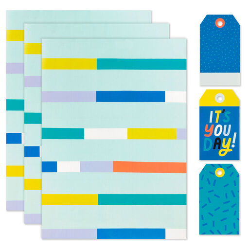 Multicolor Stripes Flat Wrapping Paper With Gift Tags, 3 sheets, 