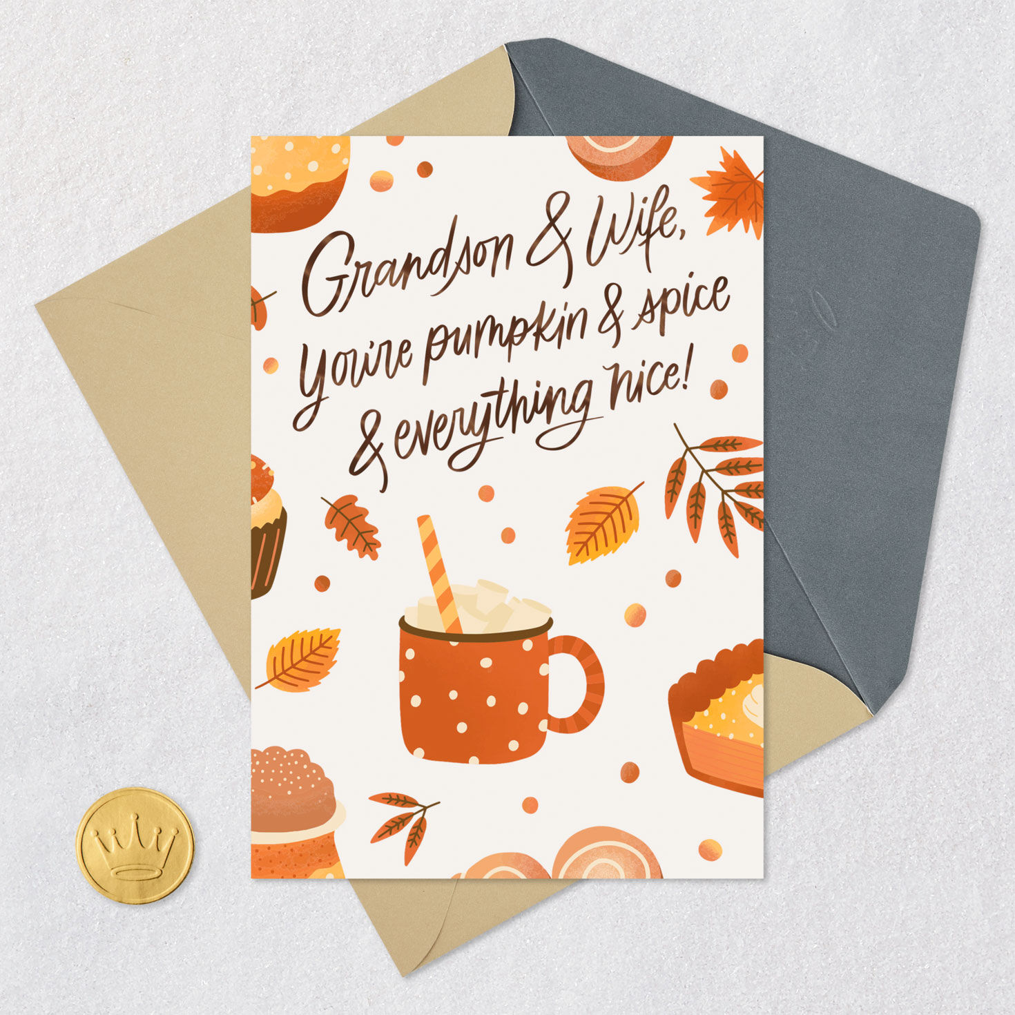 Orange Coffee Mugs and Leaves Grandson and Wife Thanksgiving Card Card Front with Envelope and Gold Seal image number 5
