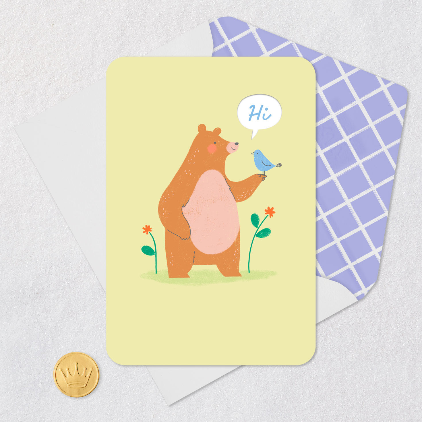 Bear and Bluebird Thinking of You Card Card Front with Envelope and Gold Seal image number 5