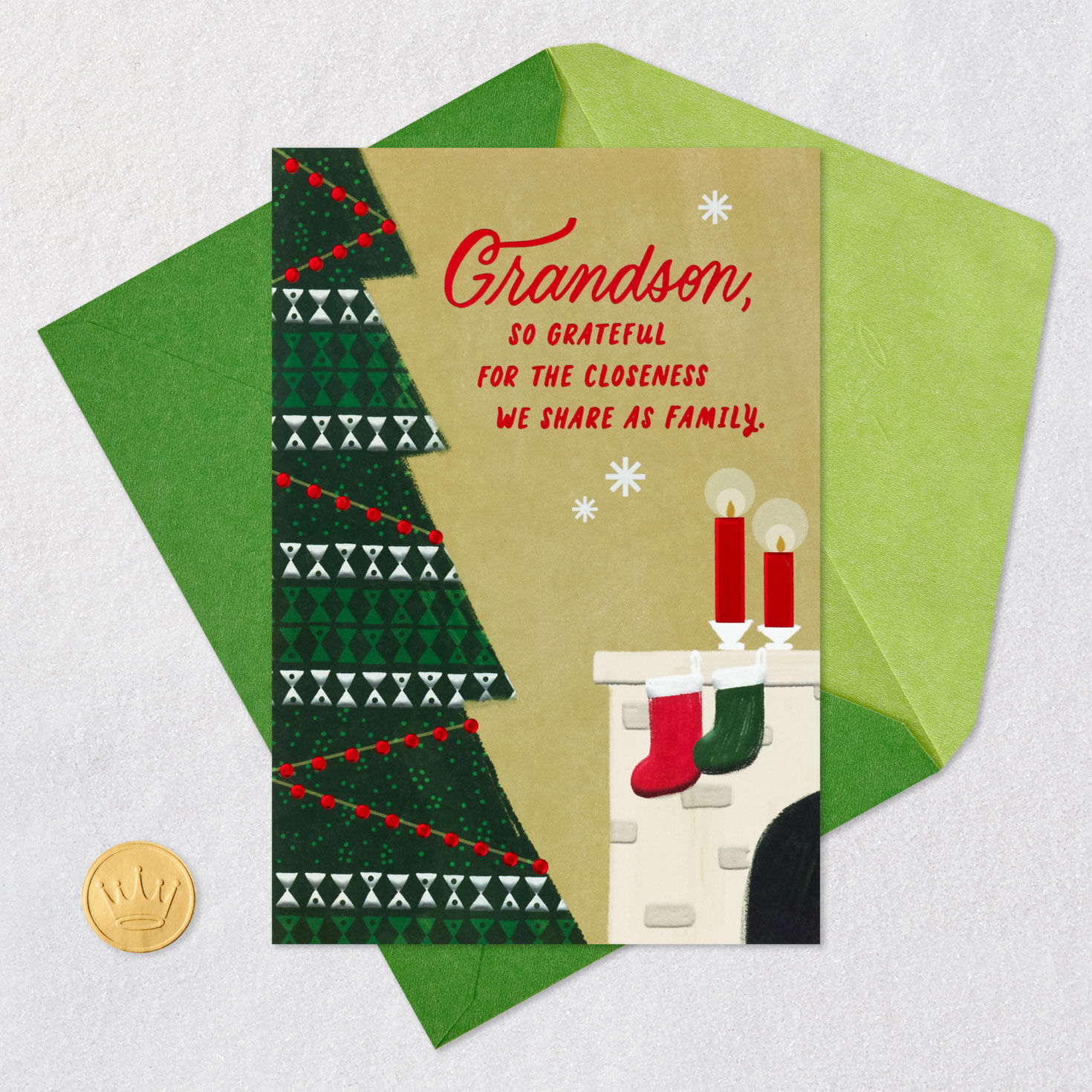Patterned Tree and Fireplace Christmas Card for Grandson Card Front with Envelope and Gold Seal image number 5