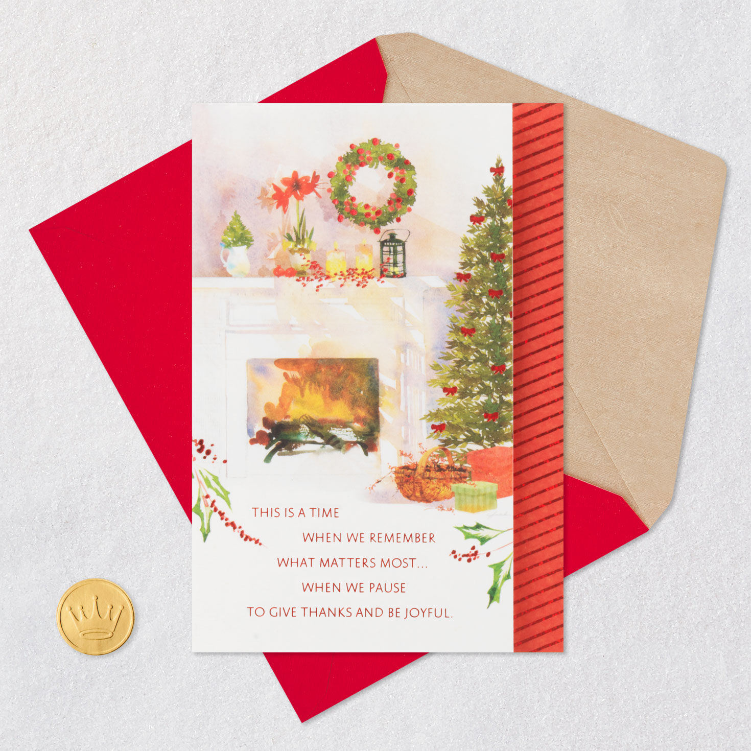 Watercolor Fireplace Scene Christmas Card Card Front with Envelope and Gold Seal image number 5