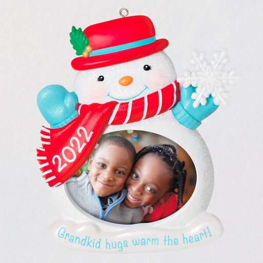 Grandkid Hugs Snowman 2022 Photo Frame Ornament, 