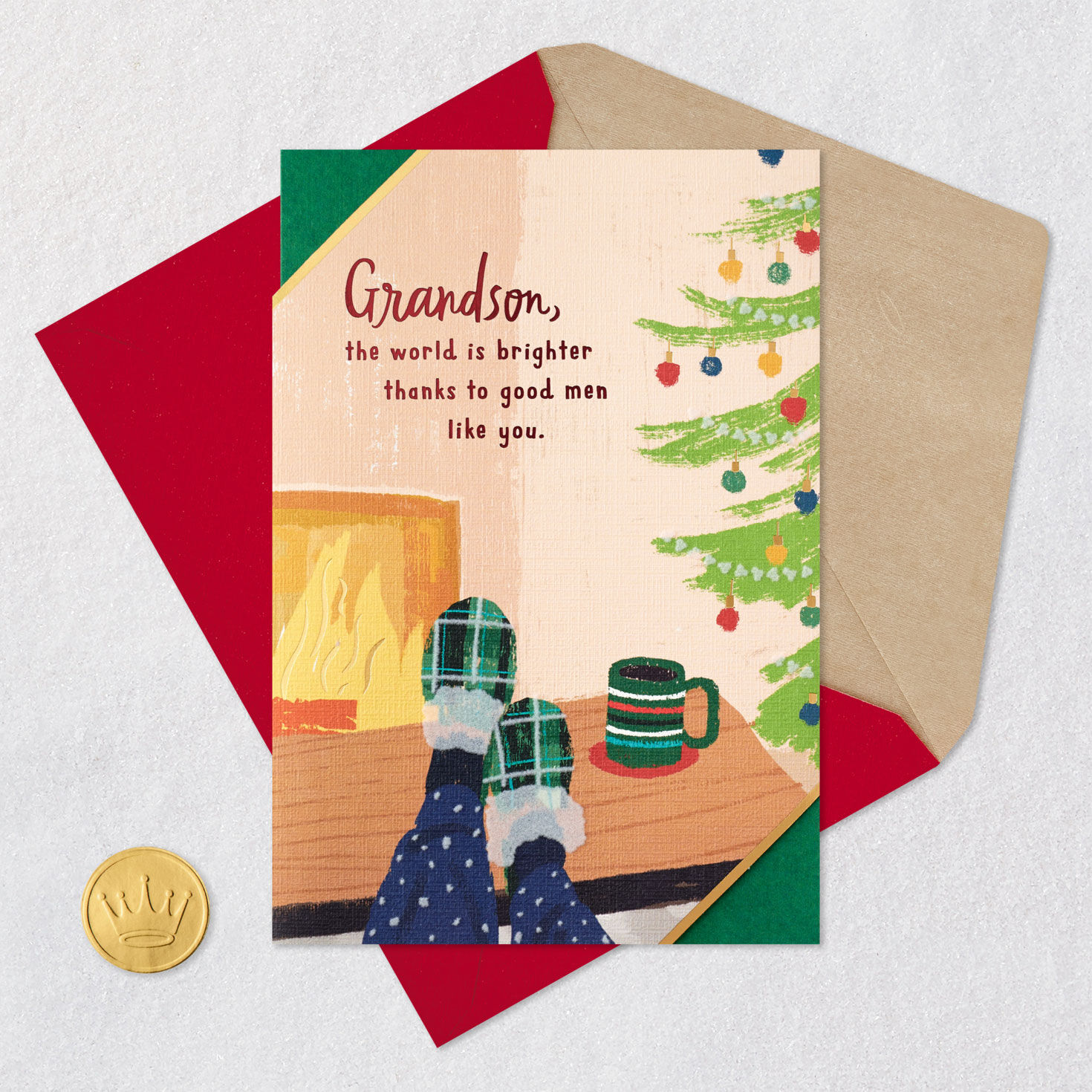 Man By Fireplace and Tree Grandson Christmas Card Card Front with Envelope and Gold Seal image number 6
