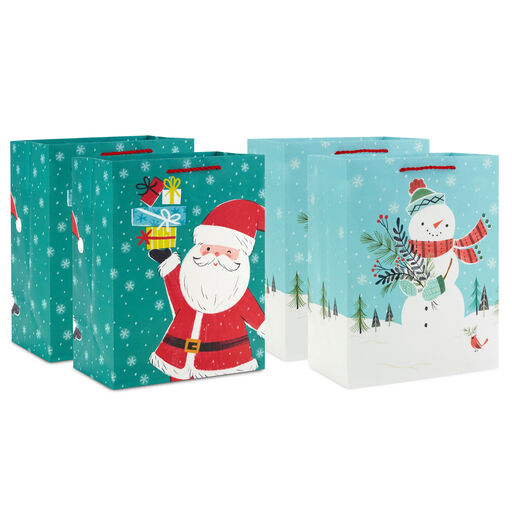11.5" Santa and Snowman 4-Pack Large Christmas Gift Bags, 