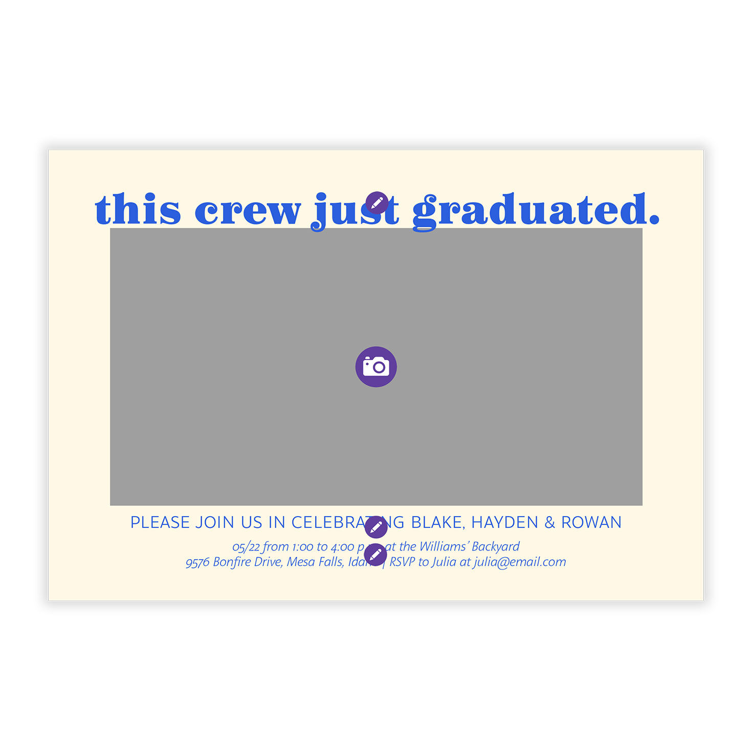 Blue Headline and Photo Grad Party Invitation Card Front indicating personalization image number 5