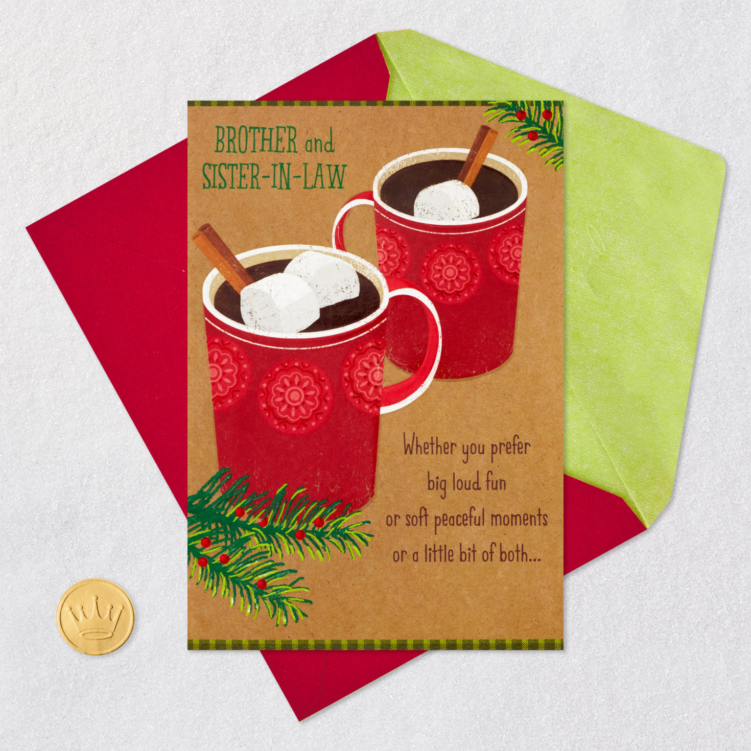 Hot Cocoa Mugs Brother and Sister-in-Law Holiday Card Card Front with Envelope and Gold Seal image number 5