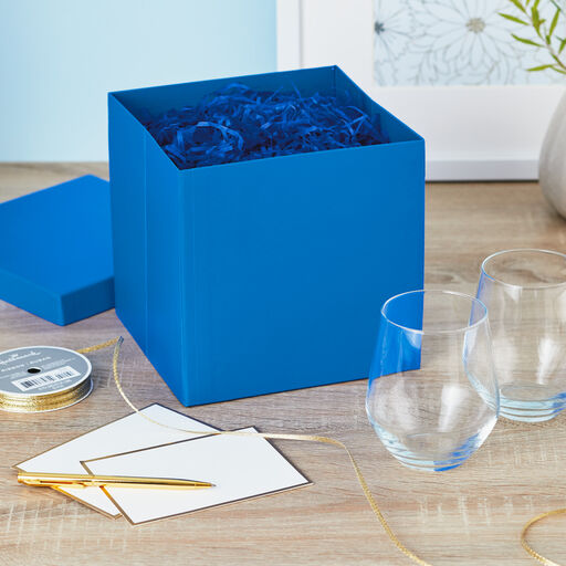 7.1" Square Royal Blue Gift Box With Shredded Paper Filler, 
