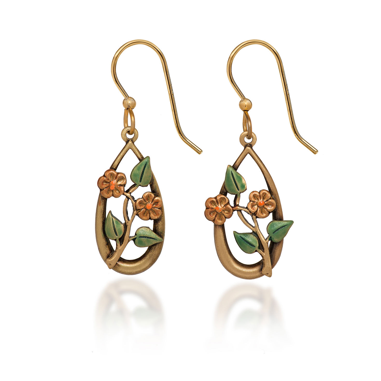 Silver Forest Flowers and Leaves on Gold Metal Teardrop Earrings