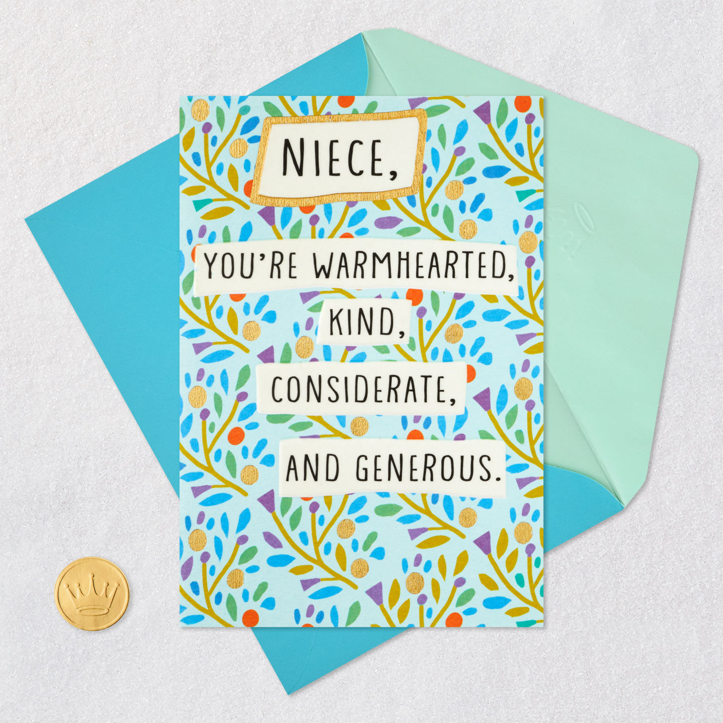 Leafy Branches on Blue Birthday Card for Niece Card Front with Envelope and Gold Seal image number 5