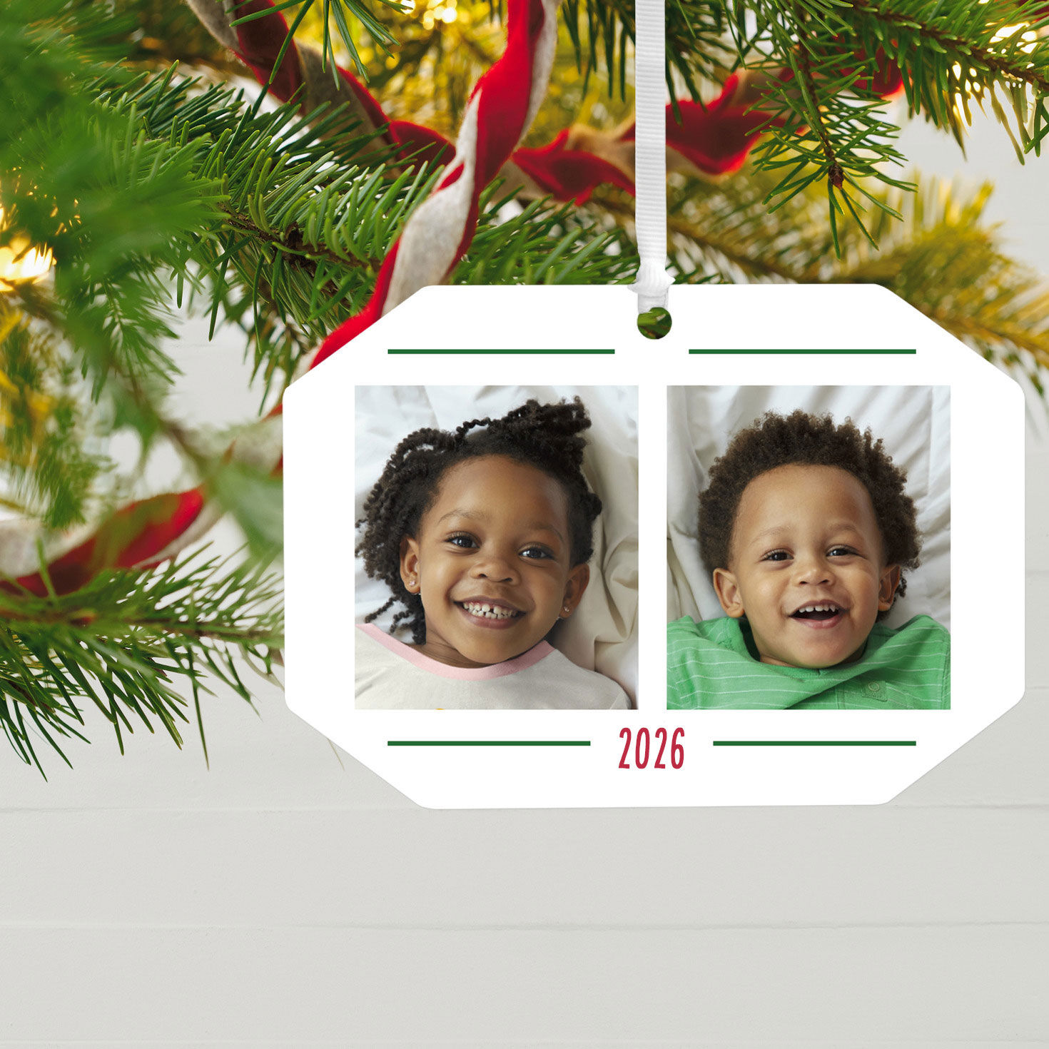 Two-Photo Personalized Christmas Ornament hanging on tree image number 2