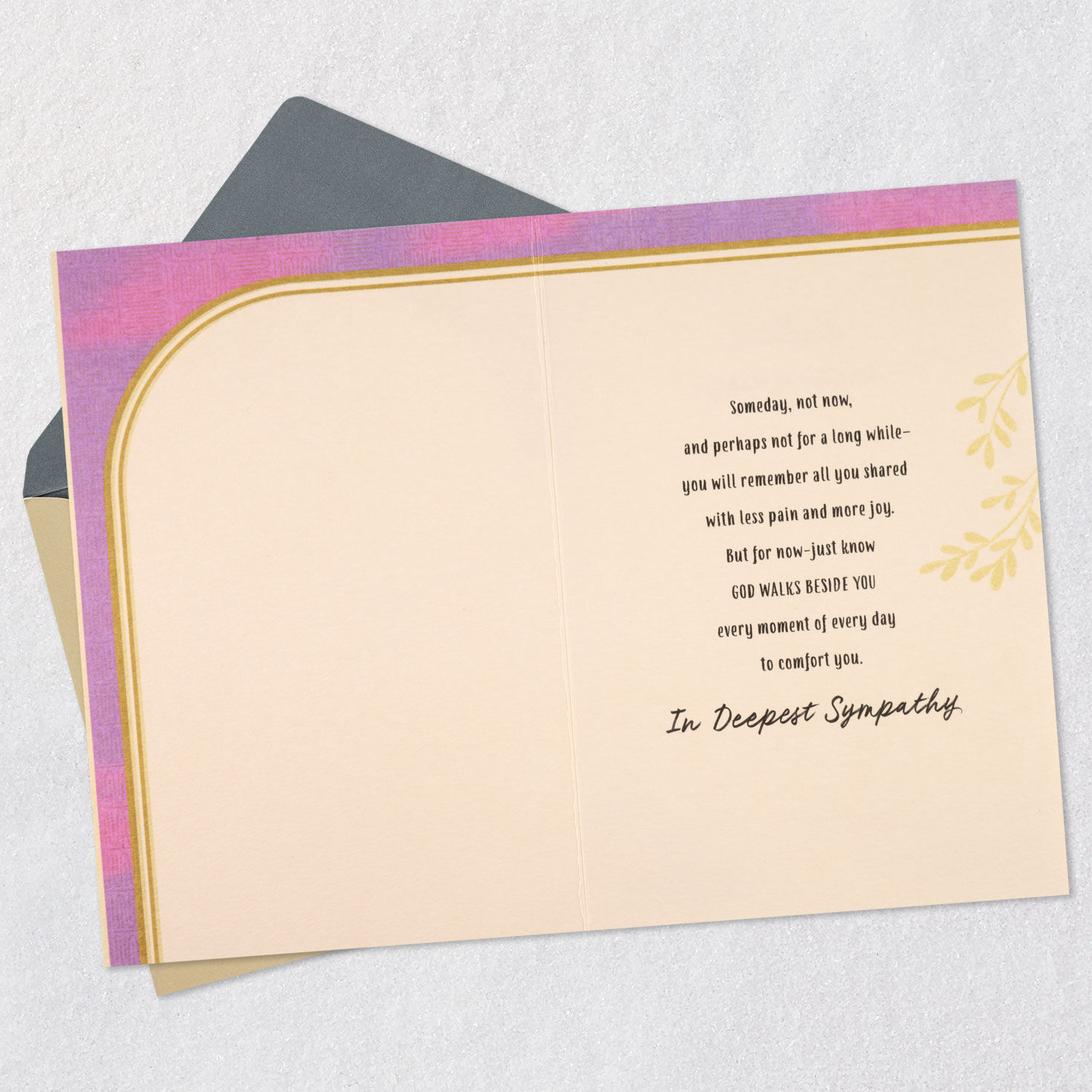 Yellow Orange Brushstrokes Gold Arch Sympathy Card Open card with envelope image number 3