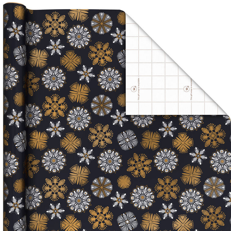 White and Gold Snowflakes on Black Holiday Wrapping Paper Roll, 35 sq. ft.