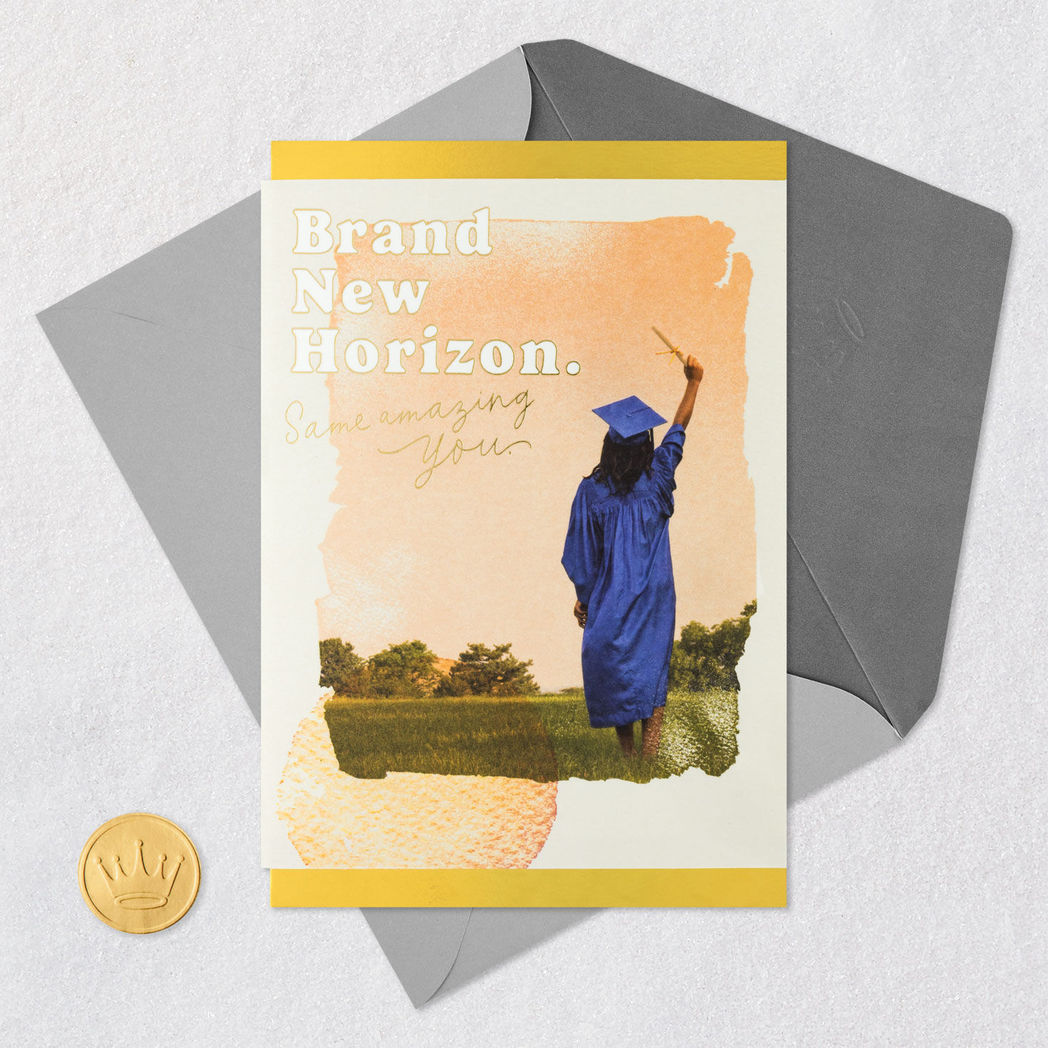Woman in Grad Gown High School Graduation Card Card Front with Envelope and Gold Seal image number 5