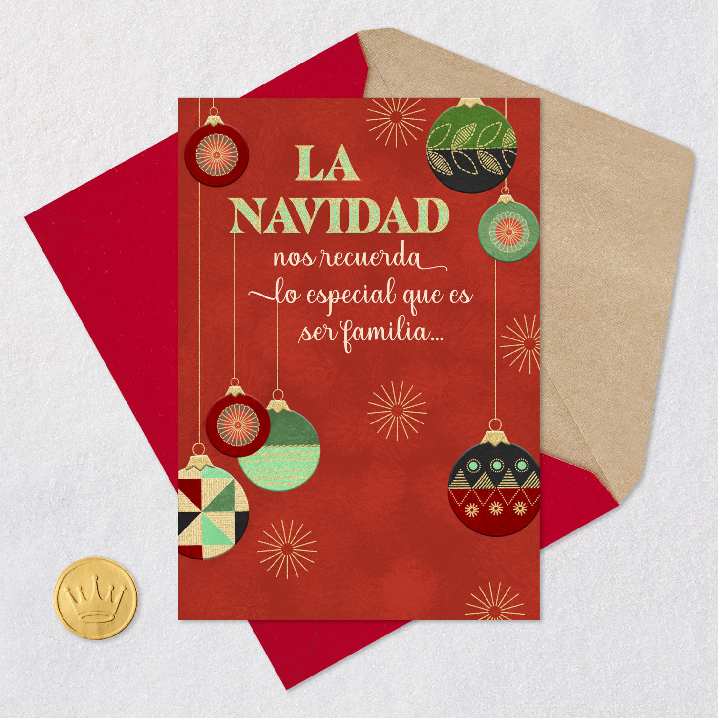 Patterned Ornaments on Red Christmas Card in Spanish Card Front with Envelope and Gold Seal image number 5