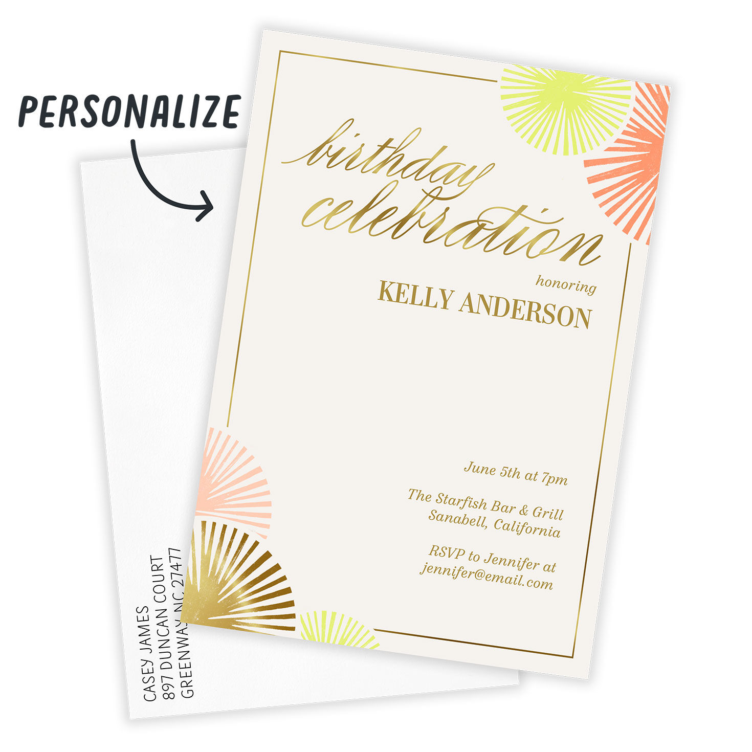 Modern Starbursts Personalized Party Invitation Card with Envelope indicating personalization image number 2