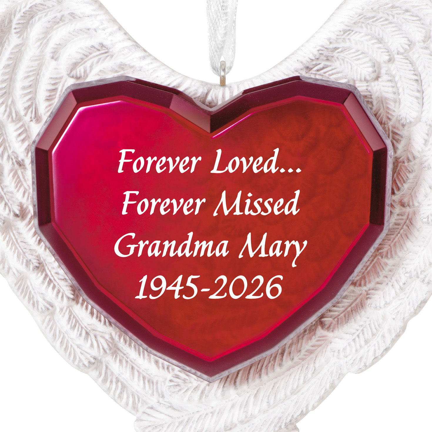 Forever Loved Memorial Heart and Angel Wings Personalized Keepsake Ornament upclose view image number 6
