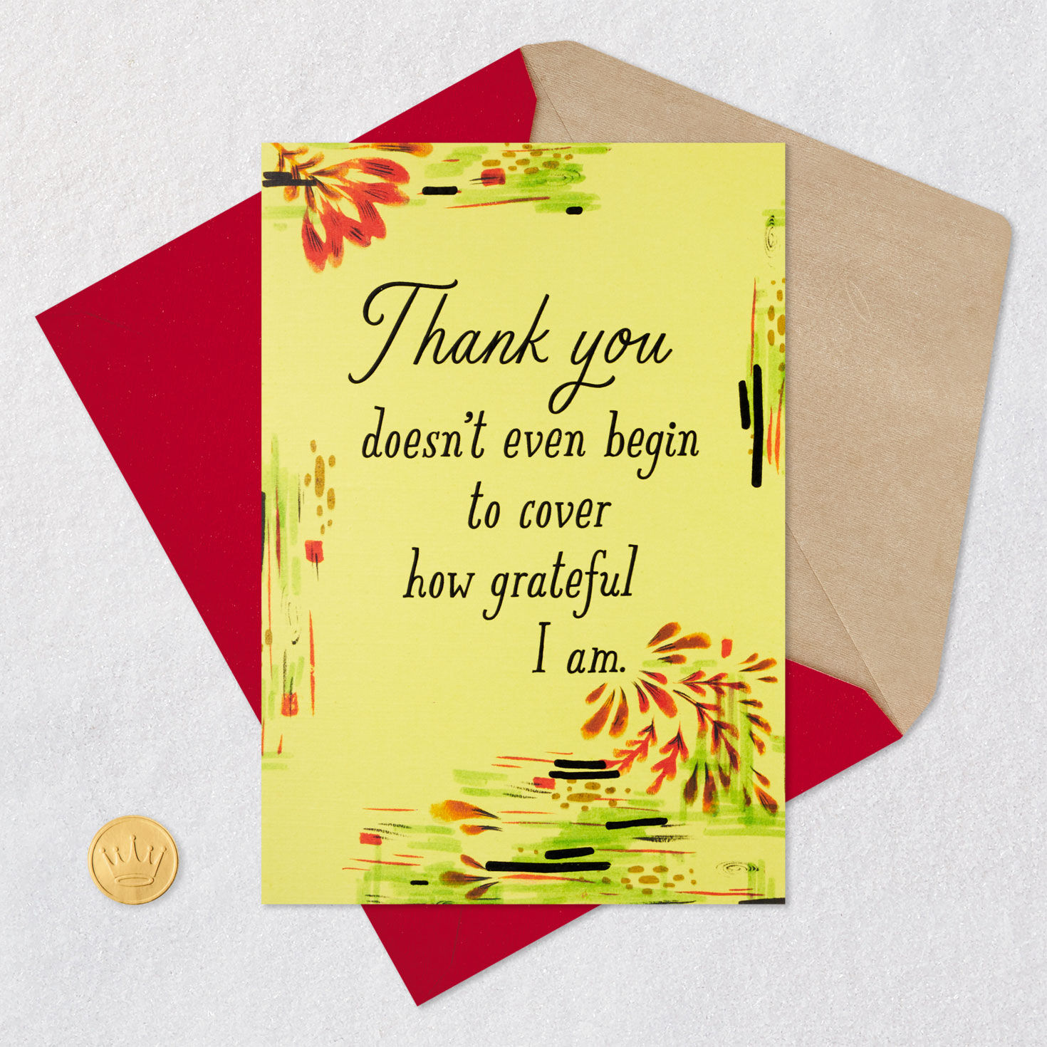 Flowers on Yellow Thank-You Card Card Front with Envelope and Gold Seal image number 5