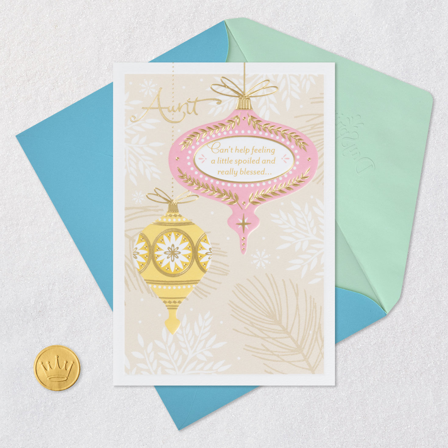 Vintage Ornaments Religious Aunt Christmas Card Card Front with Envelope and Gold Seal image number 6