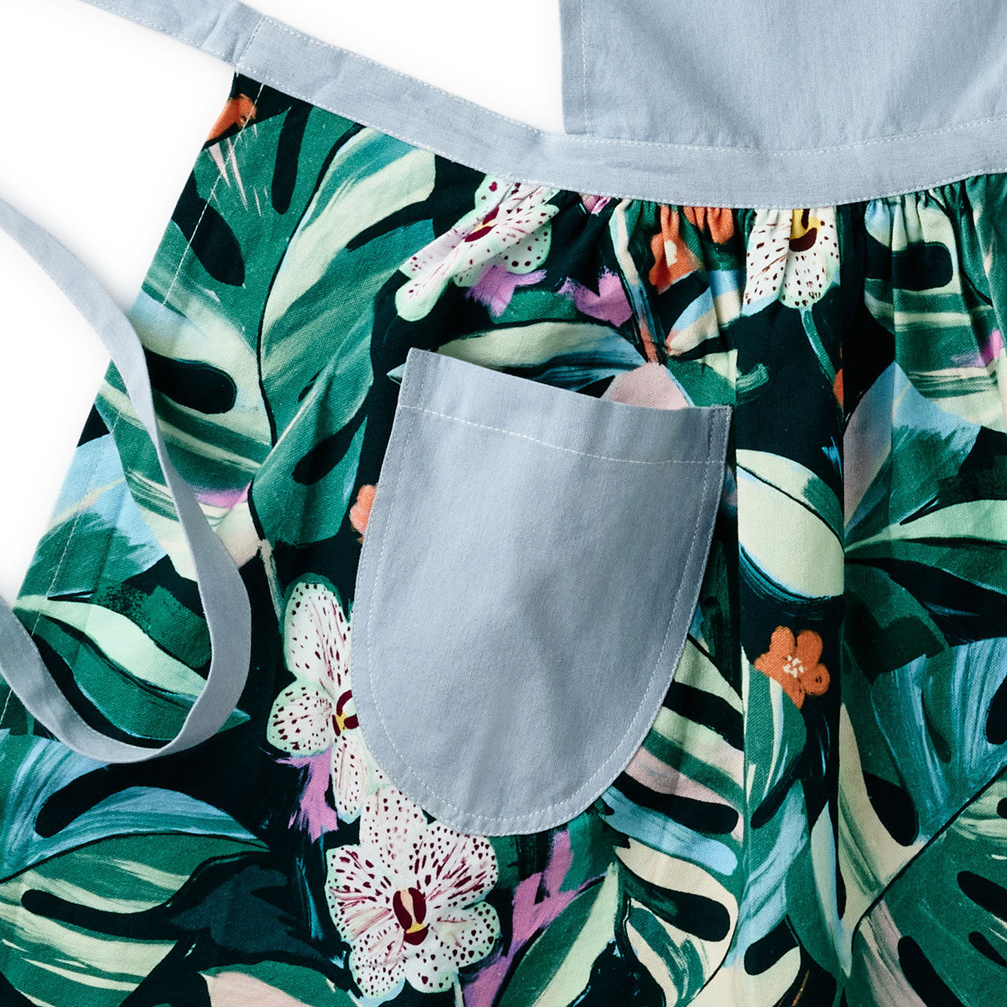 Blue Chambray and Green Floral Apron With Pockets upclose view image number 3