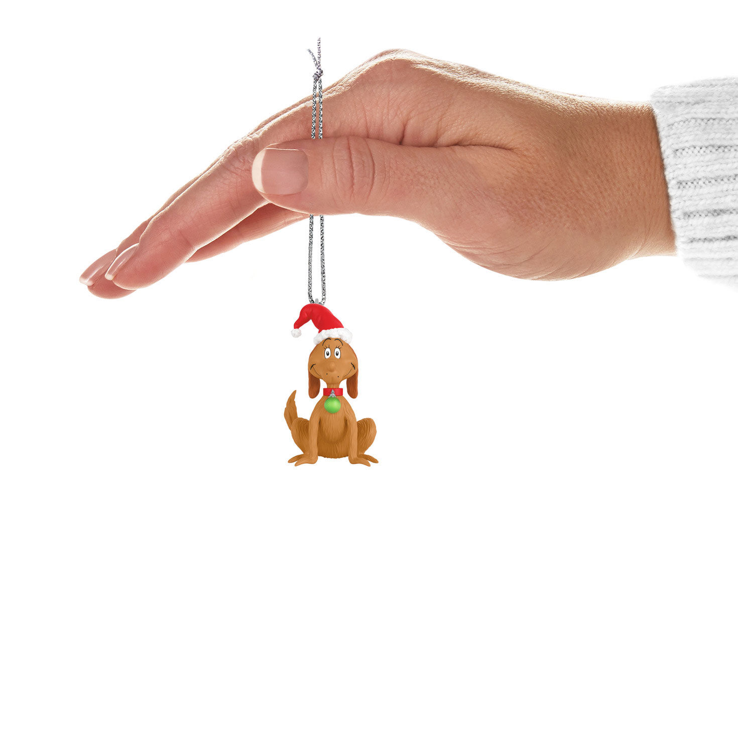 Grinch Max the Dog in Santa Hat Keepsake Ornament hand holding item image number 4