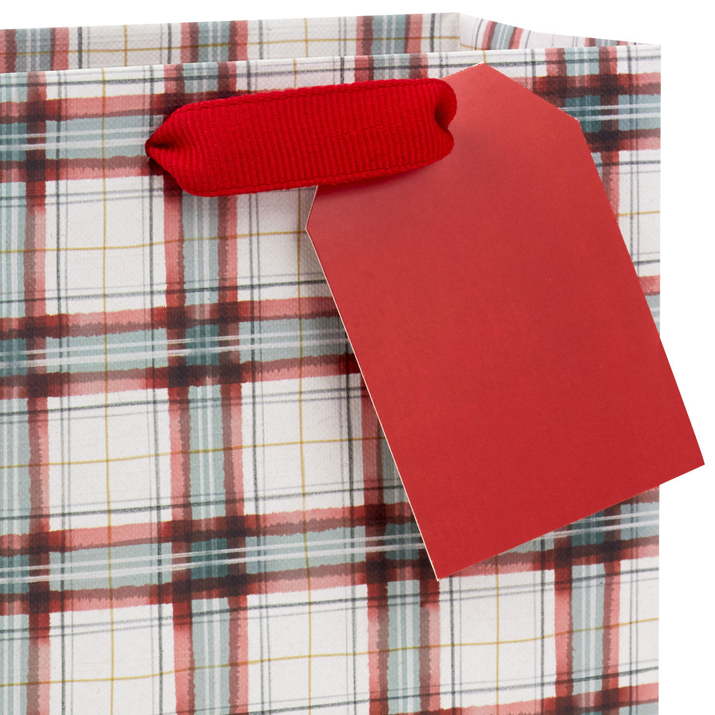 Farmhouse Plaid on White Small Holiday Gift Bag Handle Detail image number 4