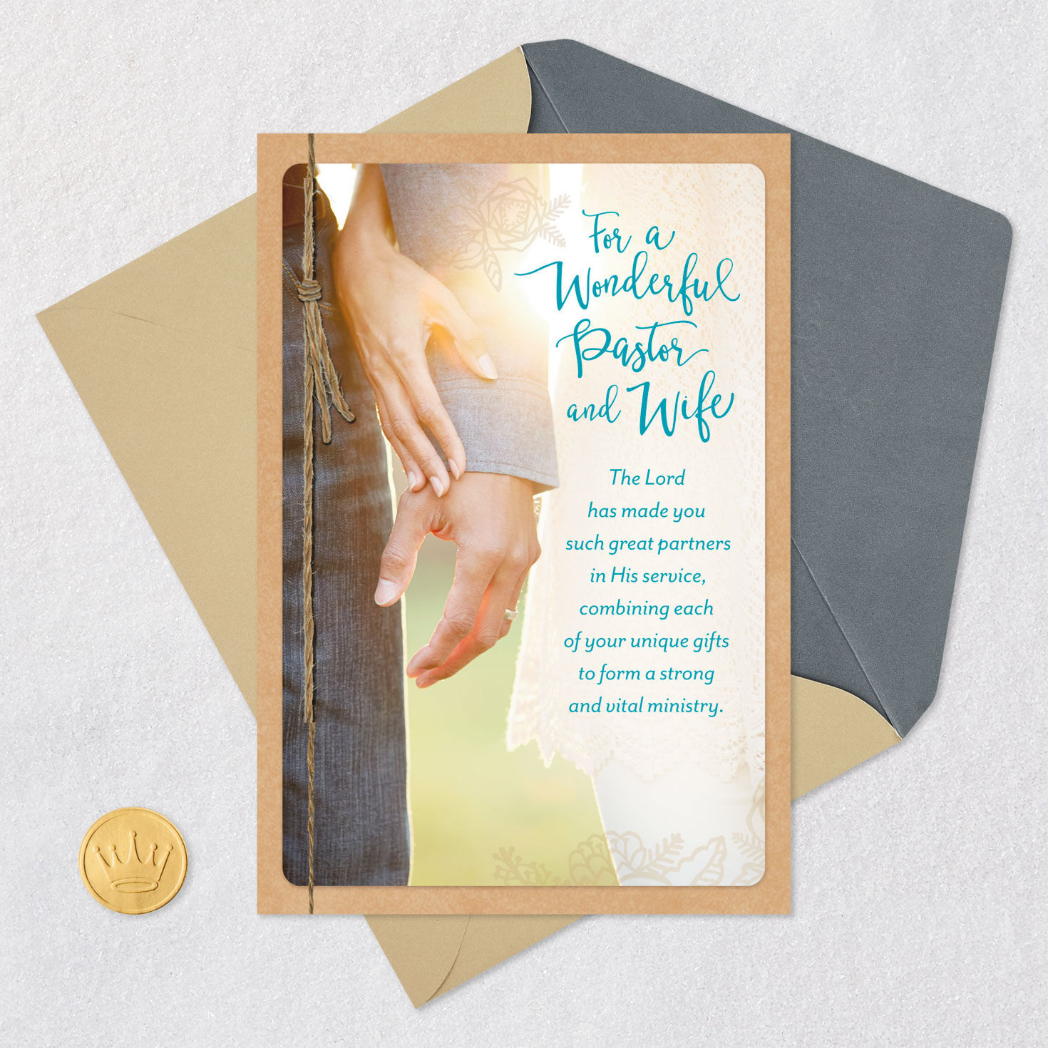 Couple Holding Hands Clergy Appreciation Card for Both Card Front with Envelope and Gold Seal image number 6