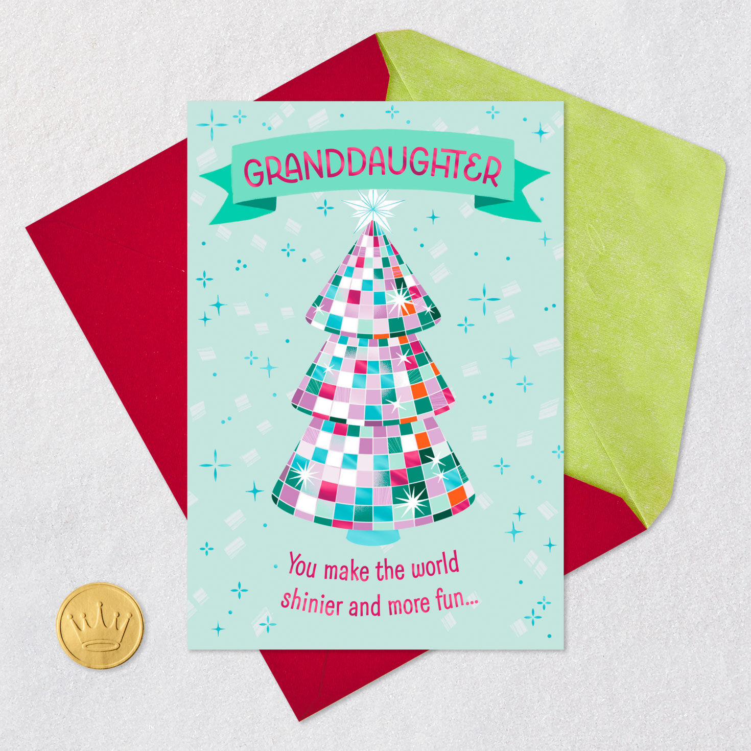 Disco Foil Tree Granddaughter Christmas Card Card Front with Envelope and Gold Seal image number 5