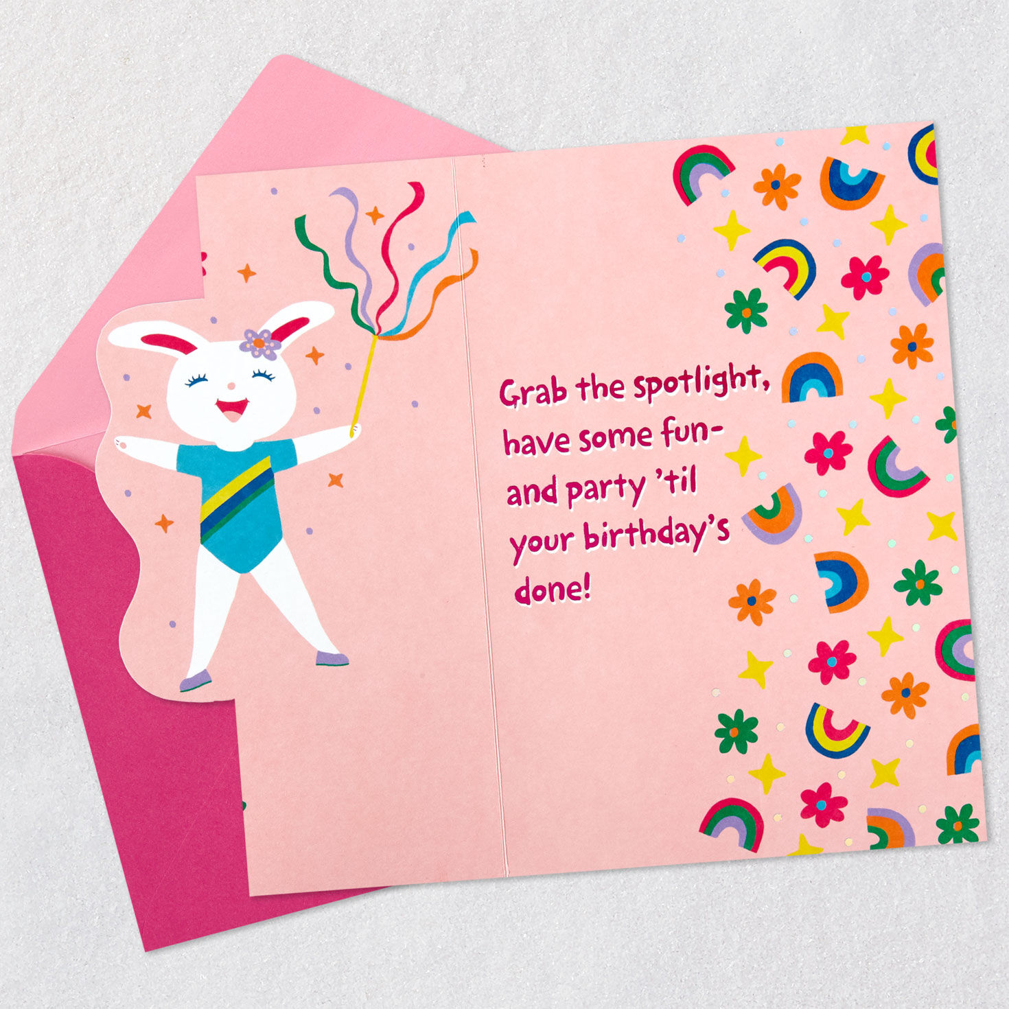 Pink Rhythmic Gymnastics Bunny Birthday Card Open card with envelope image number 3