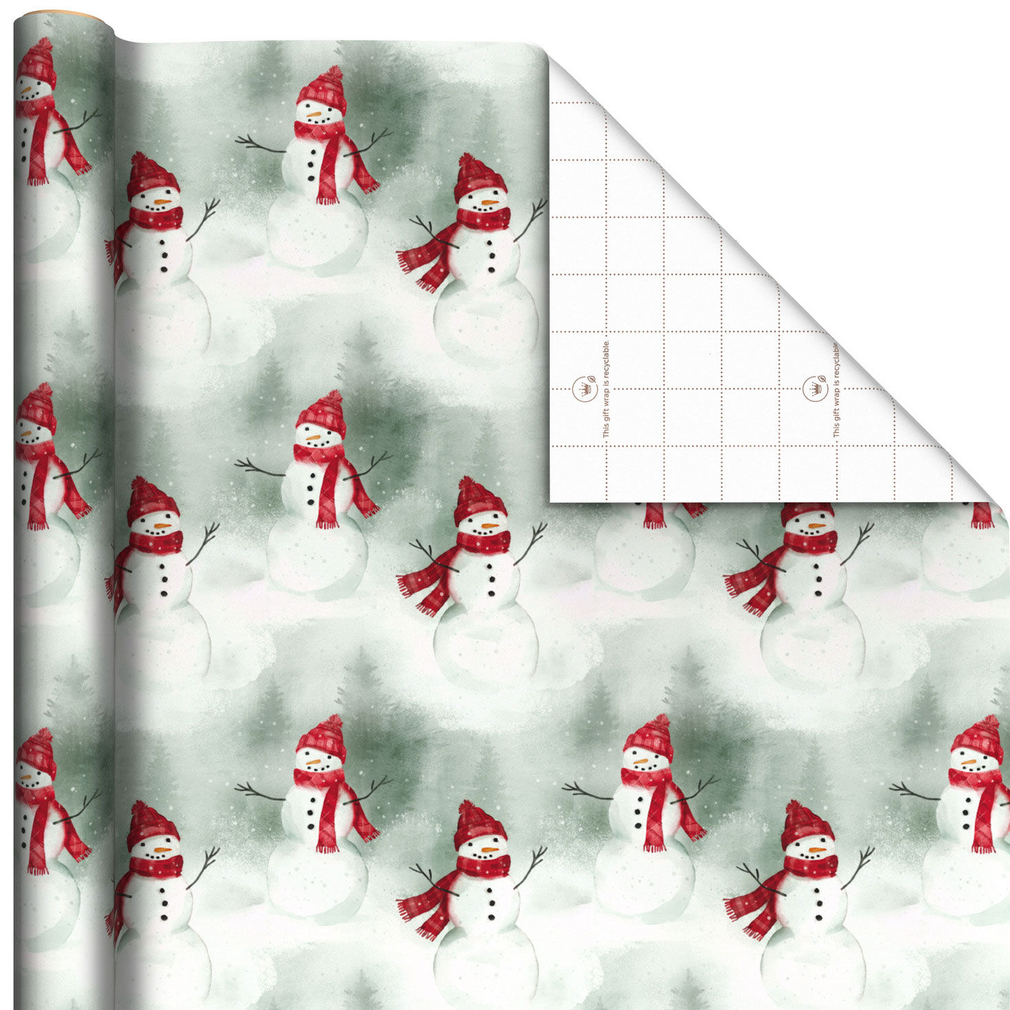 Watercolor Snowman in Red Plaid Holiday Wrapping Paper Roll, 22.5 sq. ft.