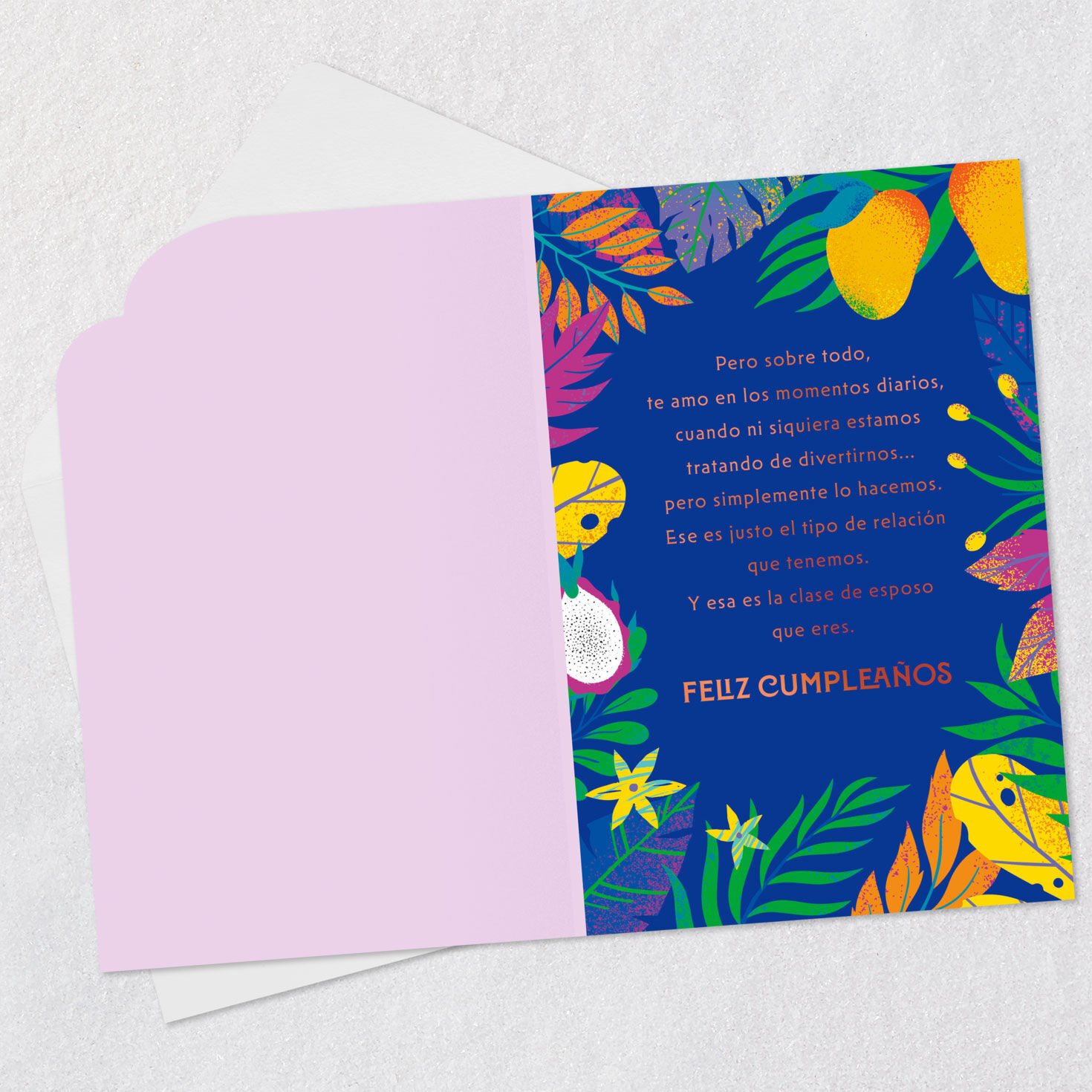 Tropical Leaves Husband Birthday Card in Spanish Open card with envelope image number 3