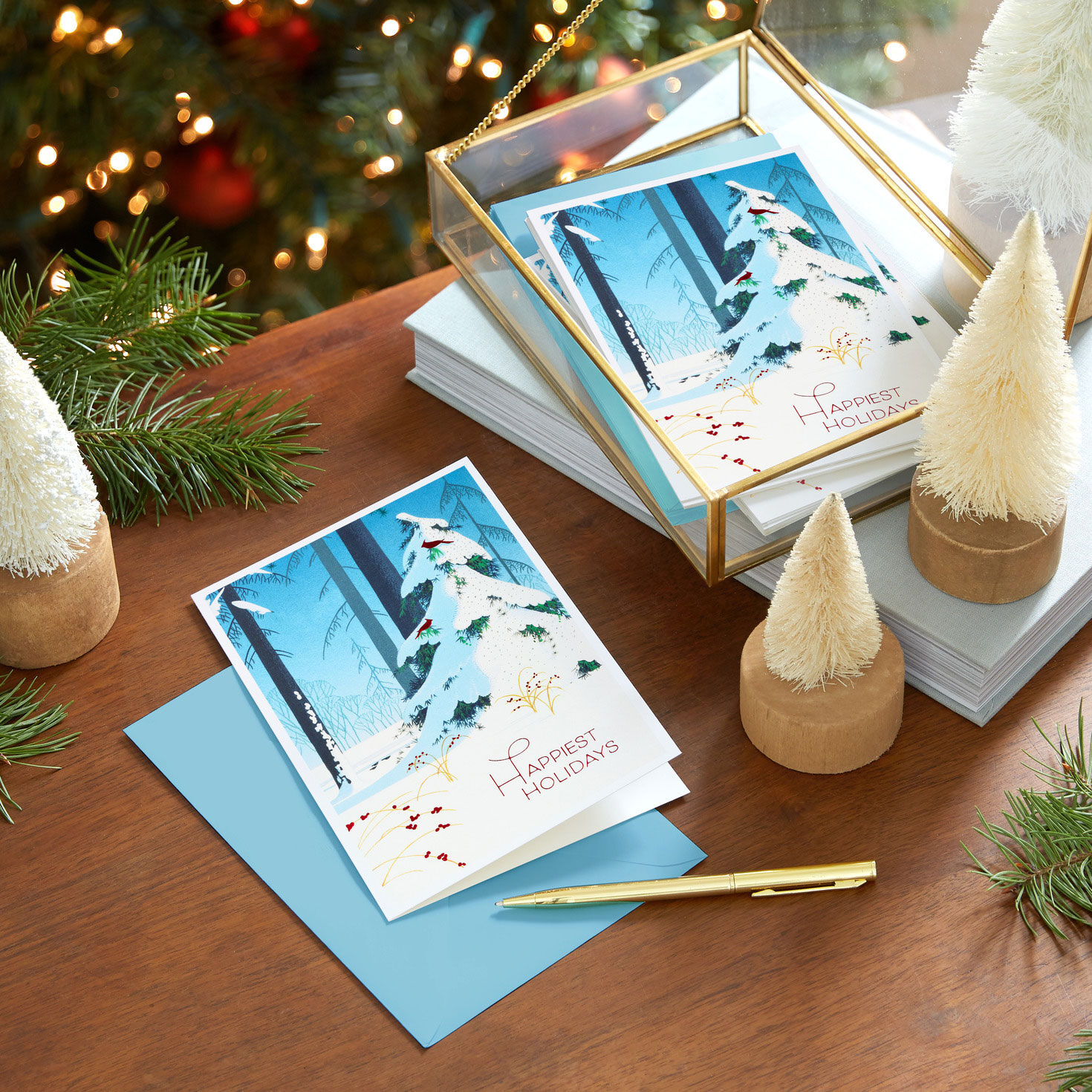 Snowy Pines and Red Birds Boxed Christmas Cards In use image number 7