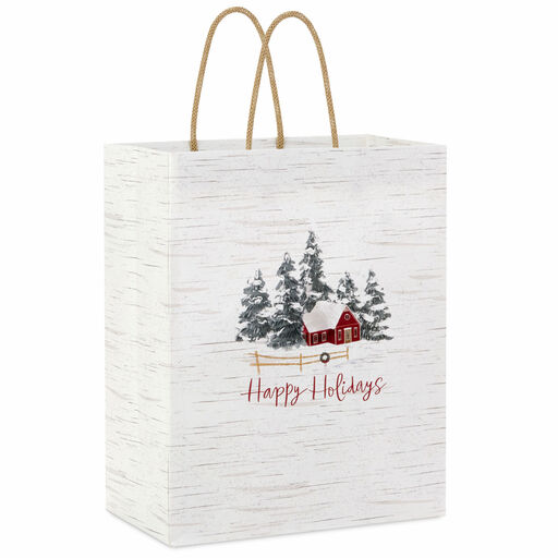 9.6" Happy Holidays Red House on Birch Medium Gift Bag, 