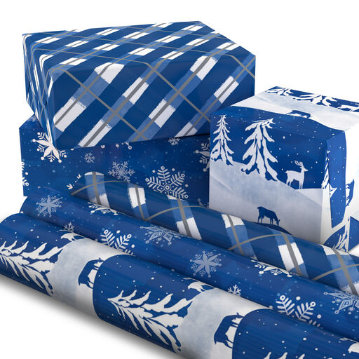 Blue and White 3-Pack Holiday Wrapping Paper Assortment, 120 sq. ft., 