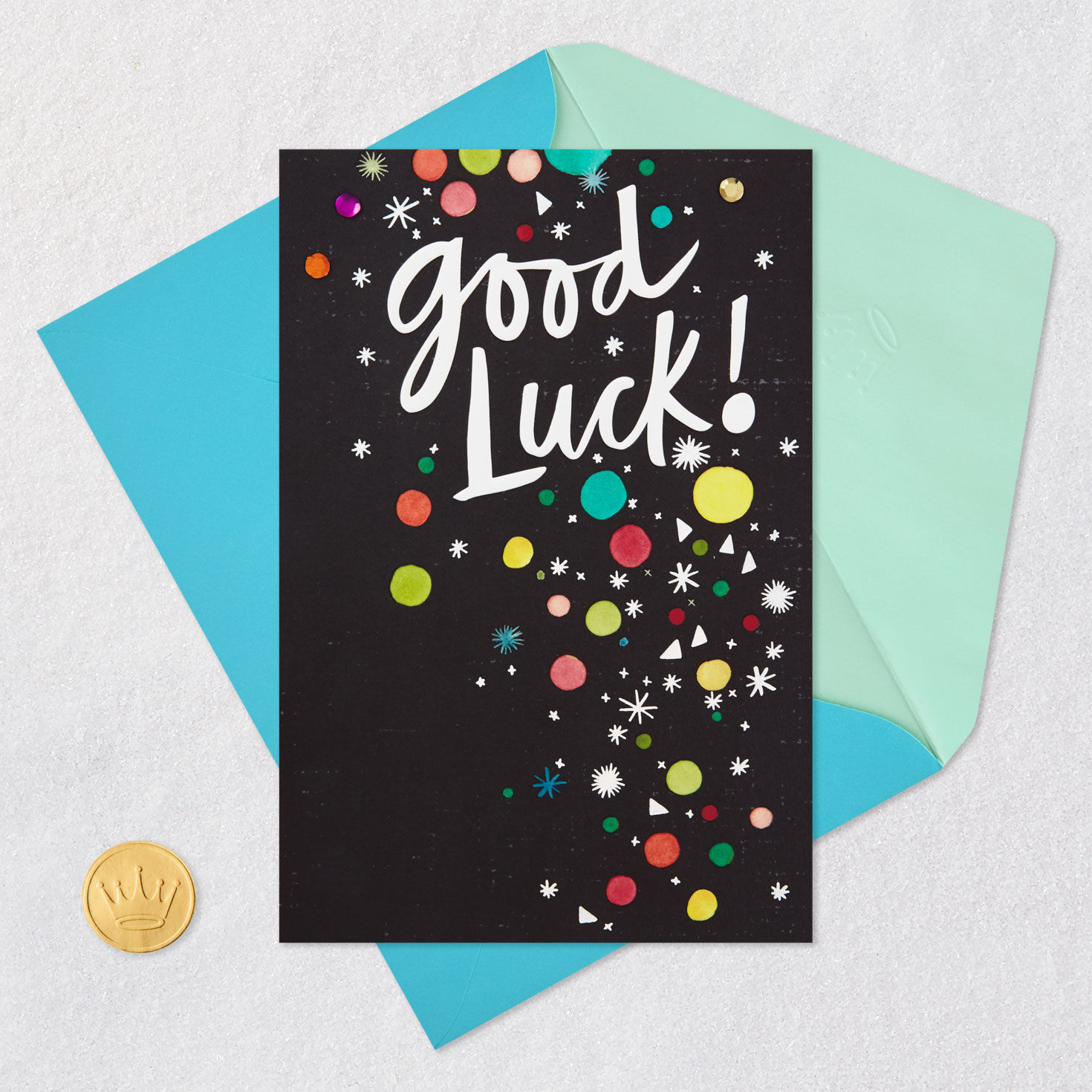 Confetti on Black Good Luck Card Card Front with Envelope and Gold Seal image number 5