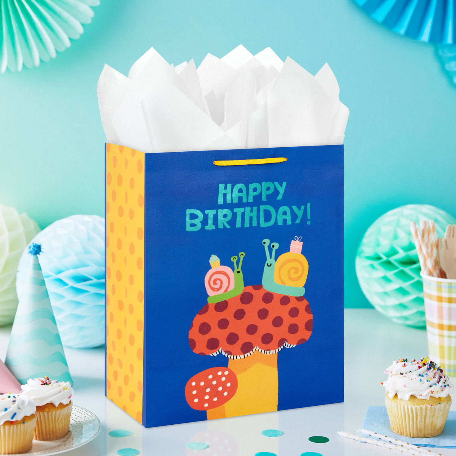 Party Snails on Mushrooms Large Birthday Gift Bag In use image number 2
