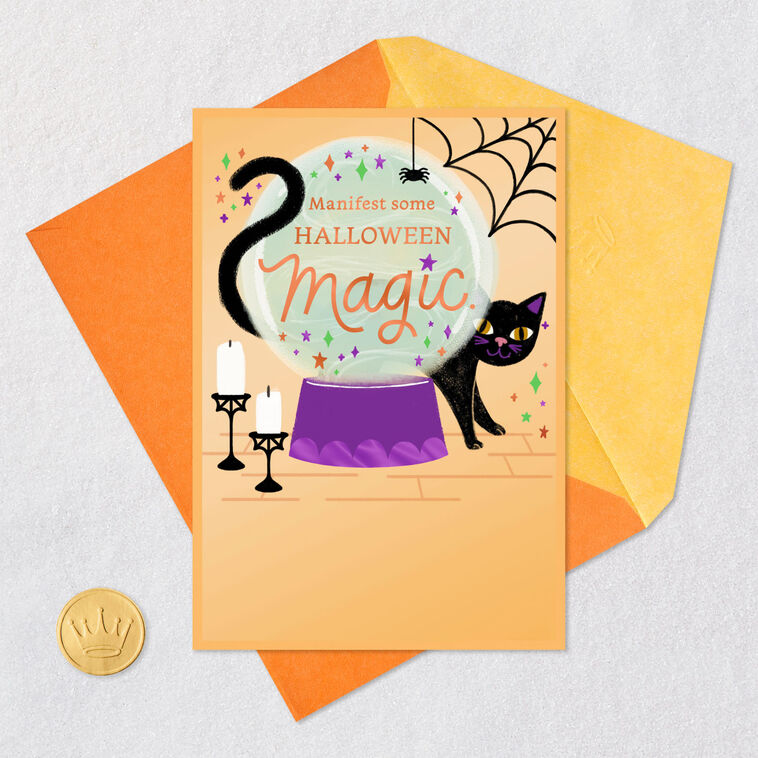 Crystal Ball and Black Cat Halloween Card Card Front with Envelope and Gold Seal image number 5