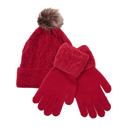 Amanda Blu Red Knit Pom Hat and Gloves, Set of 2, 