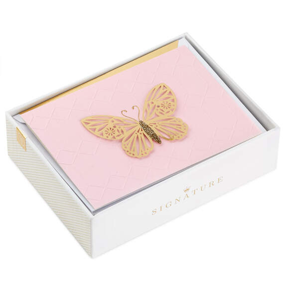 Gold Butterfly on Pink Blank Note Cards, Box of 8