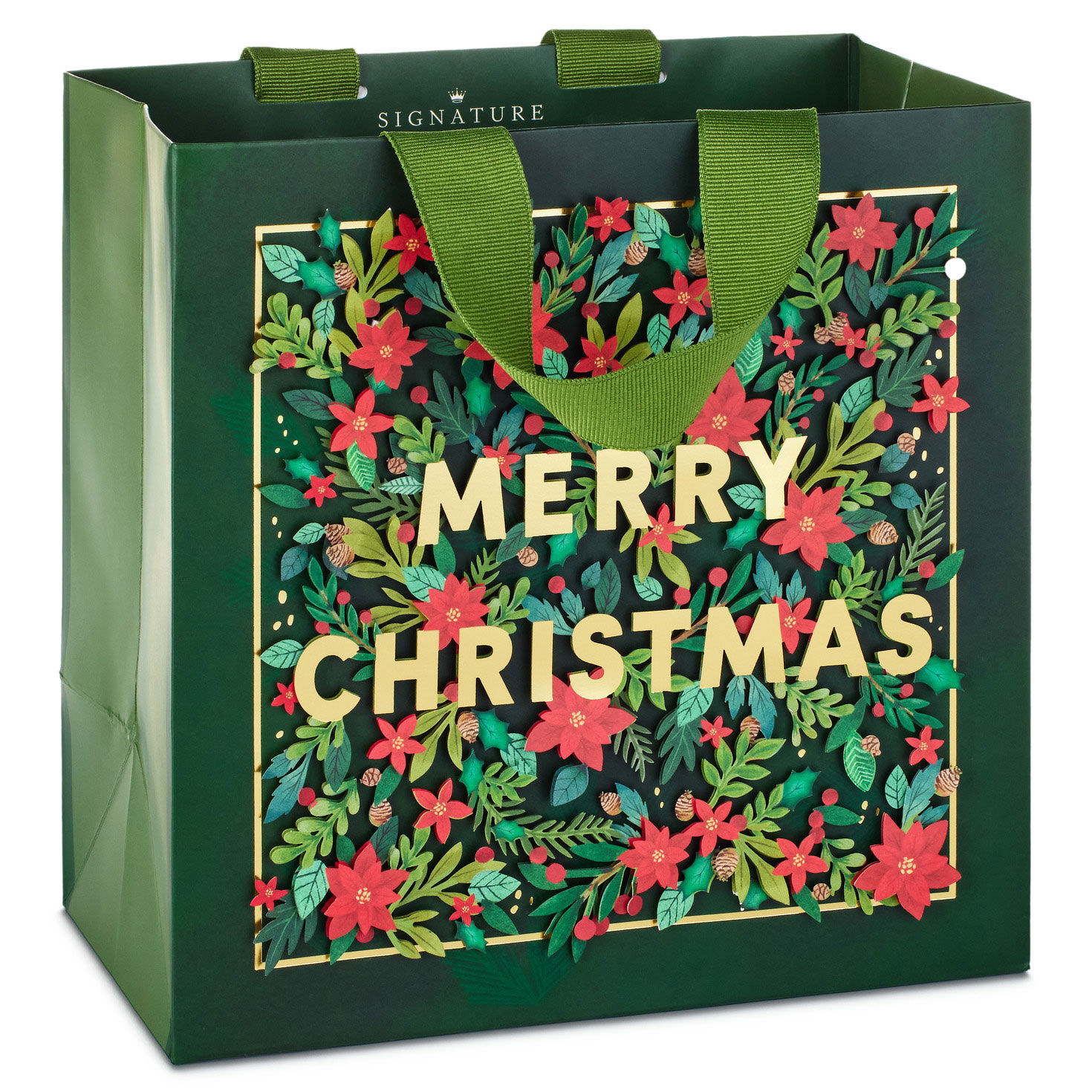 7.7" Red Poinsettias on Green Medium Christmas Gift Bag