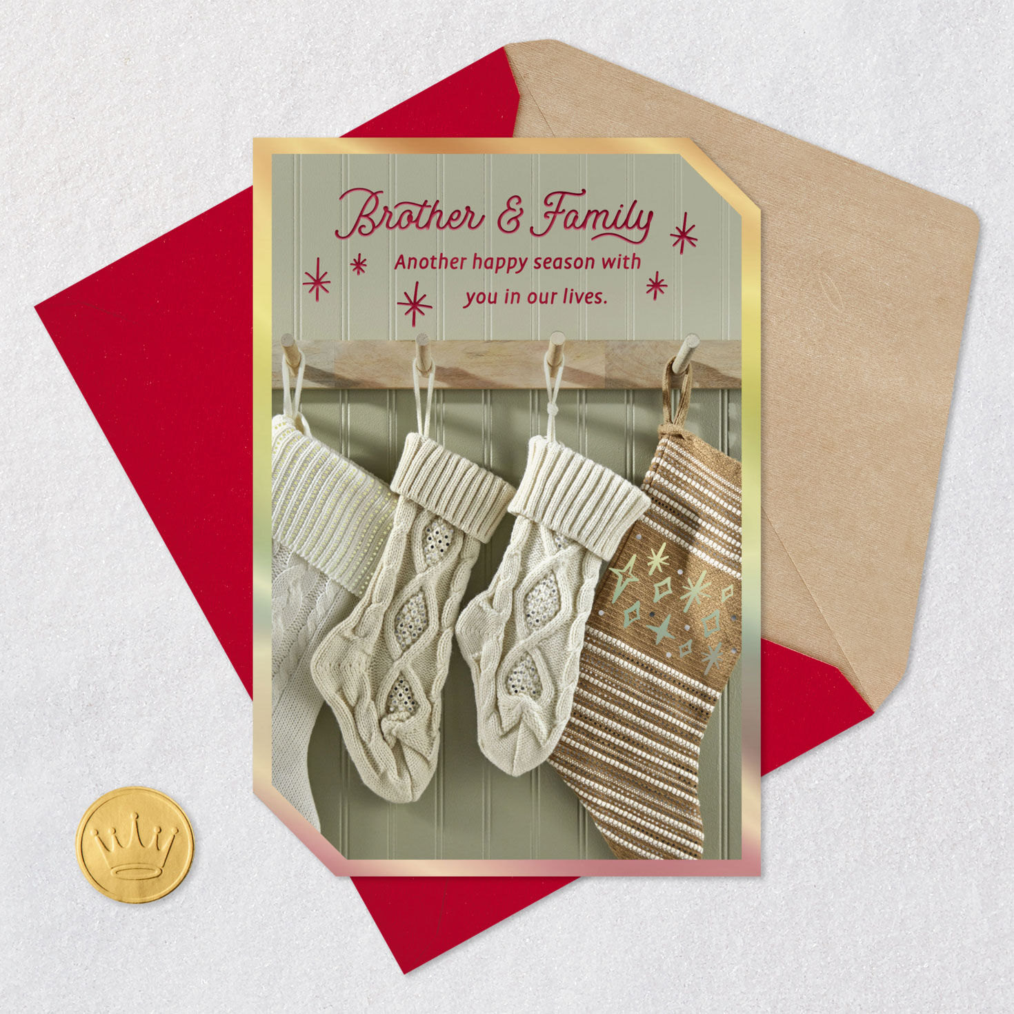 Stockings Holiday Card for Brother and Family Card Front with Envelope and Gold Seal image number 5