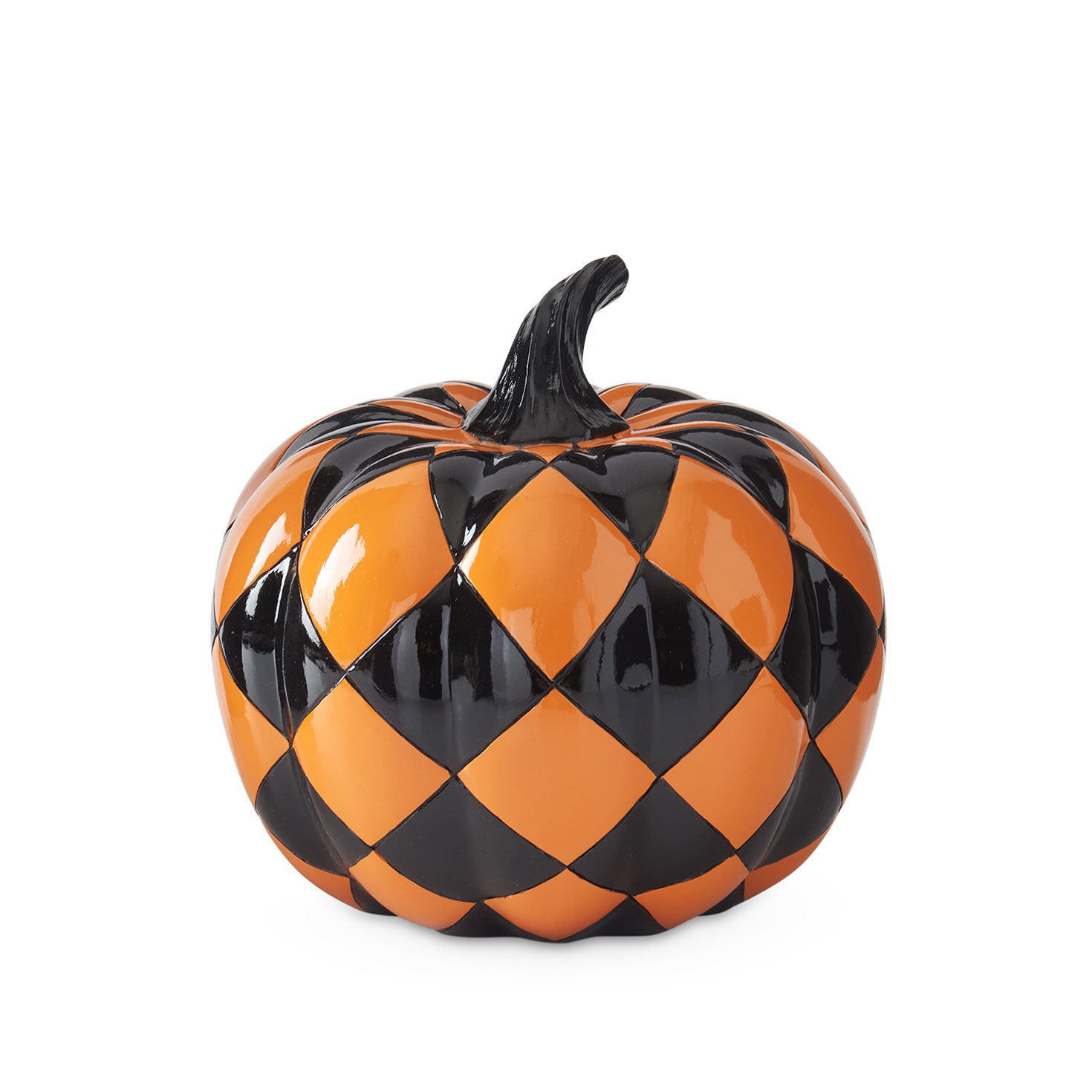 K&K Interiors Black and Orange Check Resin Pumpkin Decoration, 7.75"