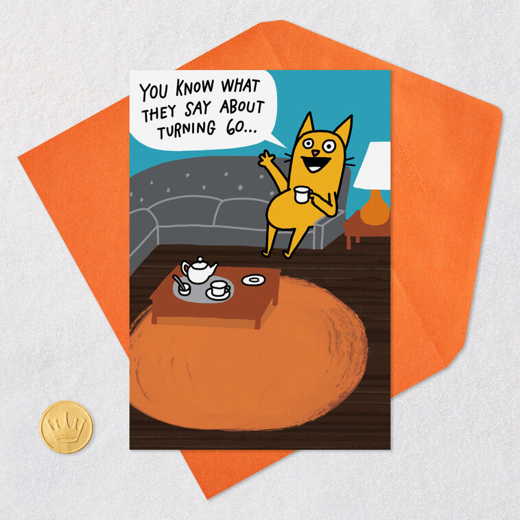 Cat on Couch Funny 60th Birthday Card Card Front with Envelope and Gold Seal image number 5