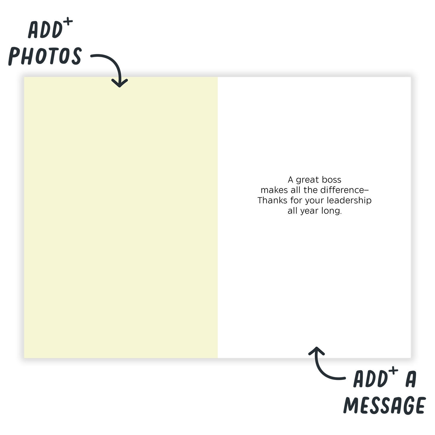 Colored, Gold Letters Personalized Boss's Day Card Open Card indicating personalization image number 3