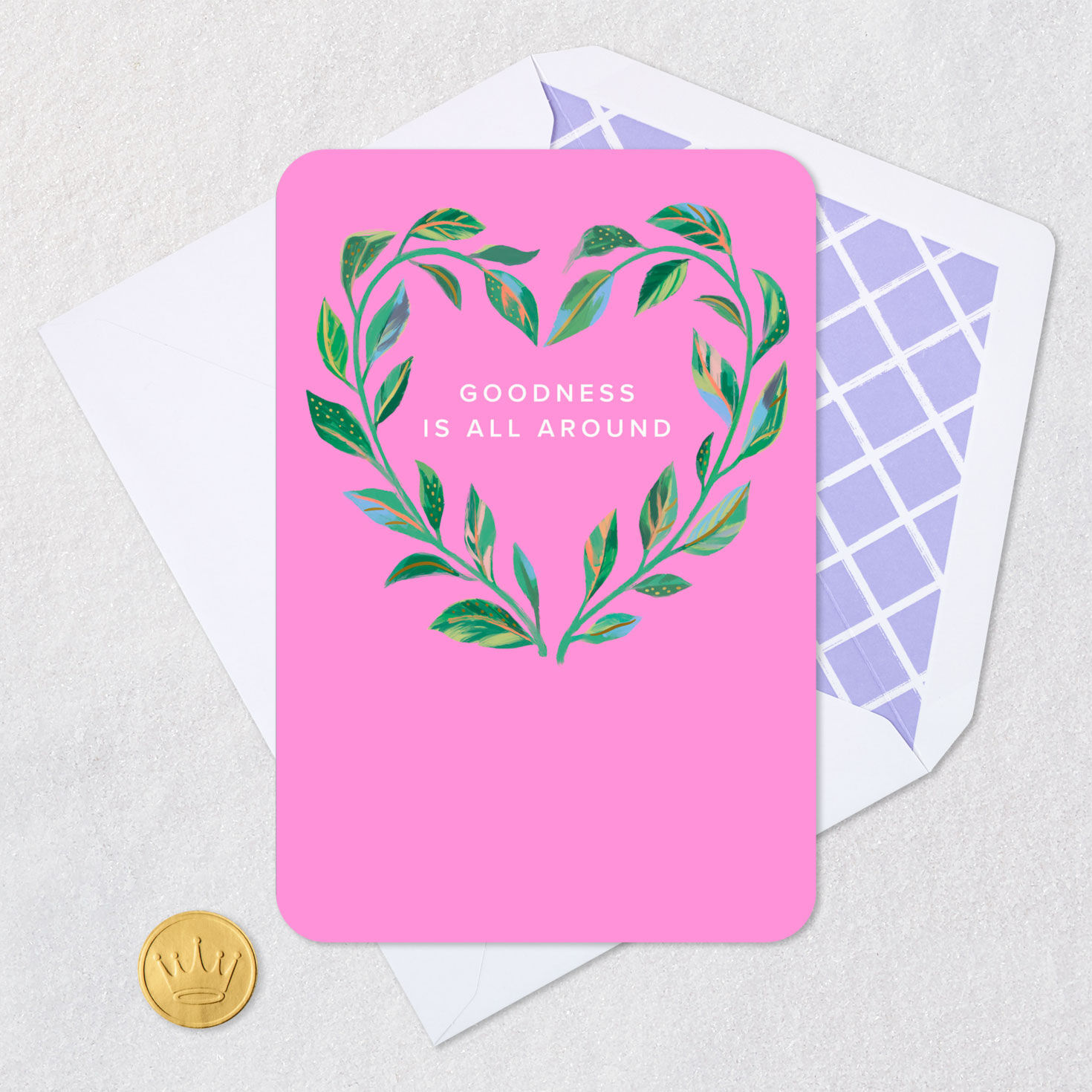 Botanical Heart Wreath on Pink Encouragement Card Card Front with Envelope and Gold Seal image number 5